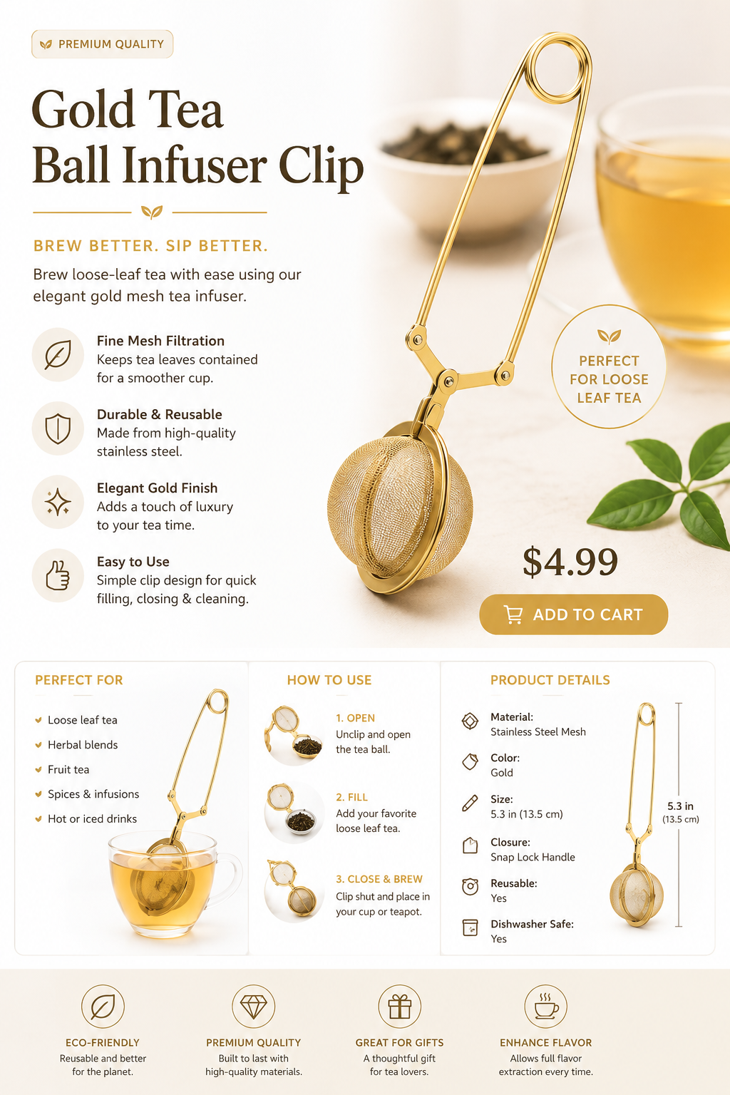 Gold loose leaf tea strainer